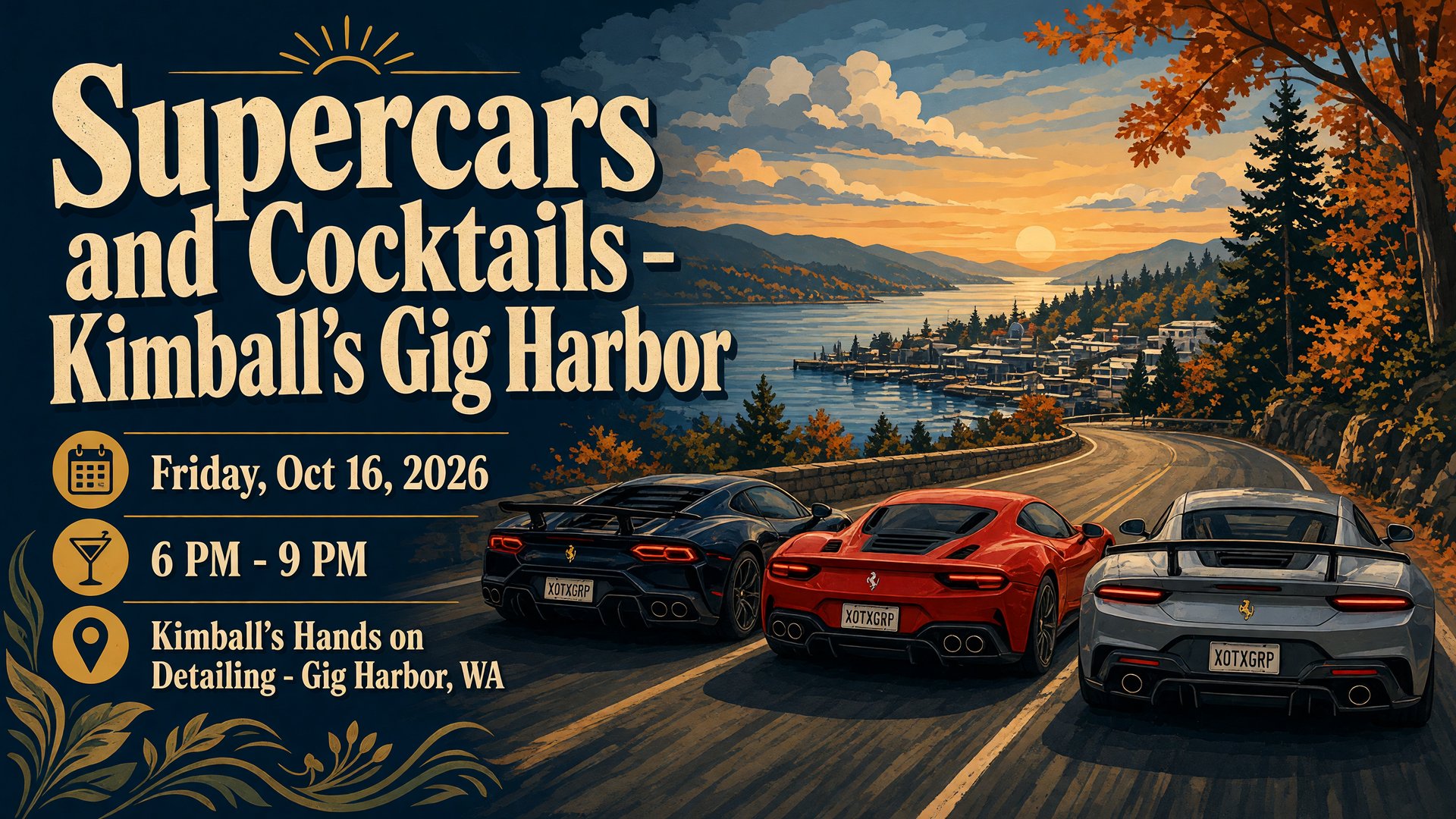 Supercars and Cocktails - Kimball's Gig Harbor October 16 2026 Gig Harbor WA