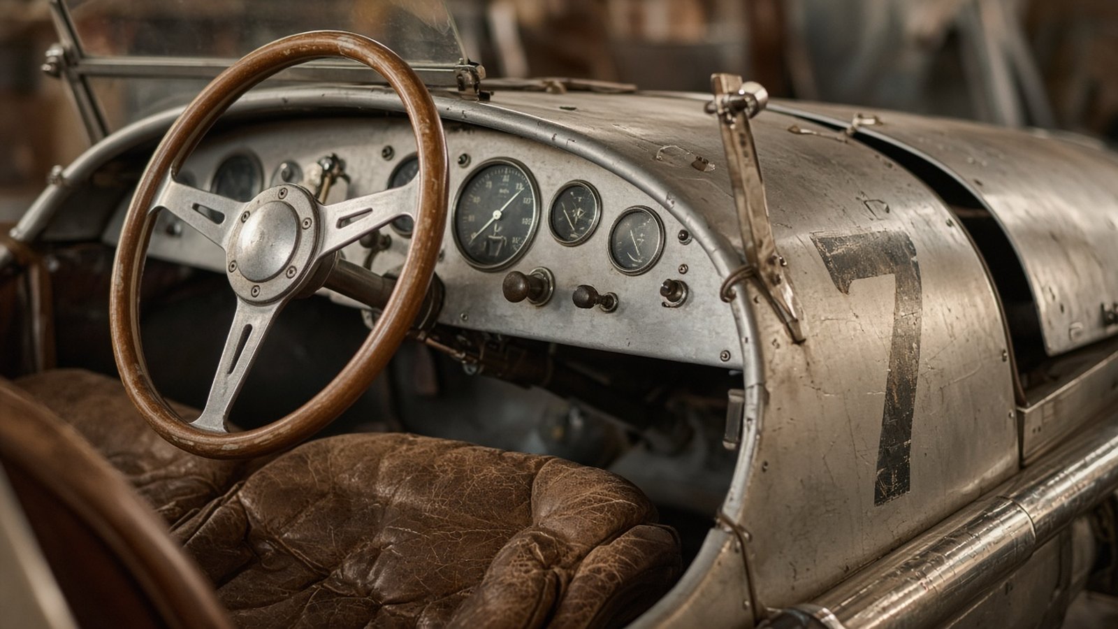 Close-up of a vintage open racing car cockpit: a wood-rimmed three-spoke steering wheel with worn varnish, a cracked and creased brown leather seat, an aluminium dashboard with round analog gauges, and a faded hand-painted number 7 on the scratched metal bodywork